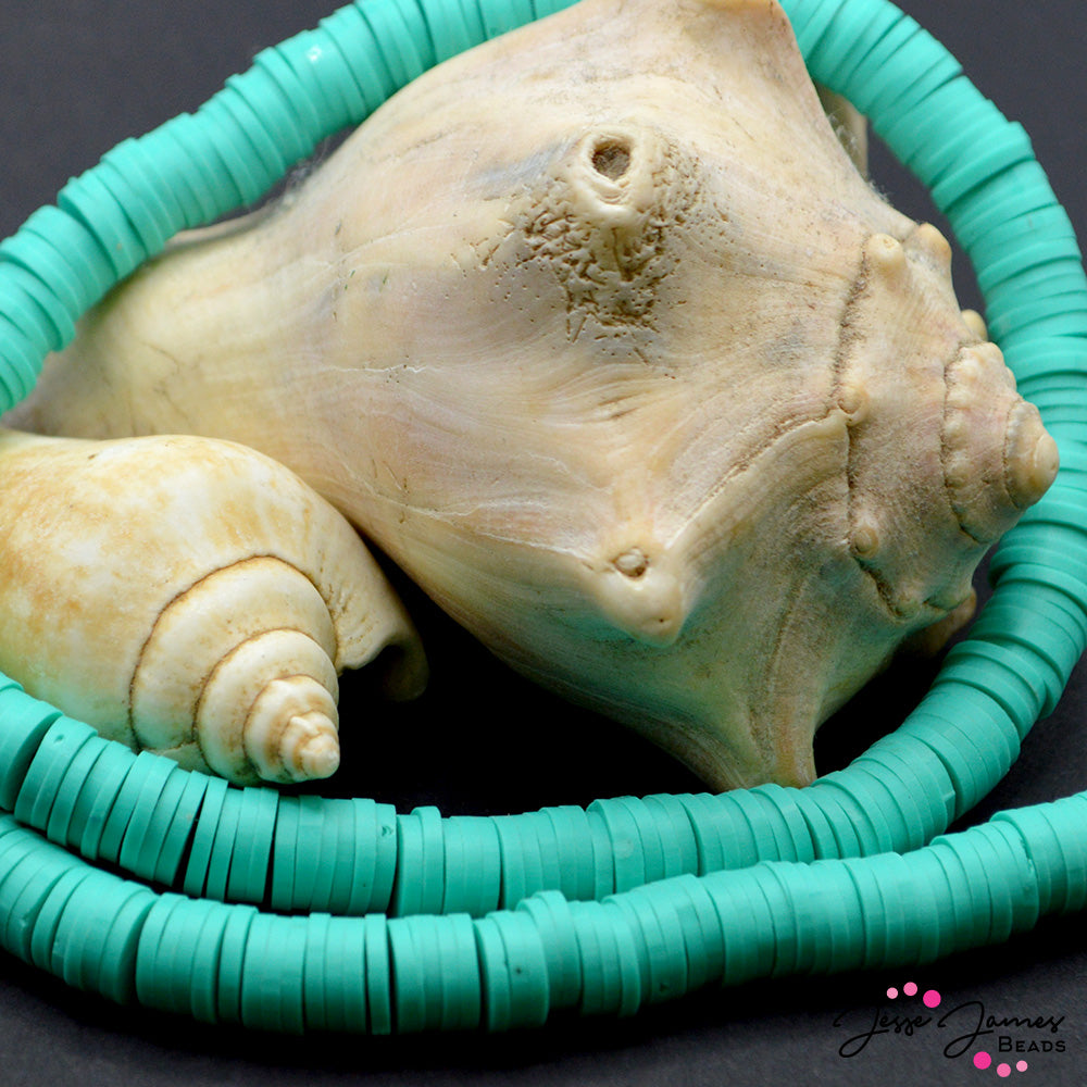 These vibrant heishi beads are make of polymer clay. Lightweight and easy to use, heishi are ideals for layered bracelets, earrings, necklaces, and more. Their thin 1mm thickness makes them perfect to use with any crafting project including scrap booking, paper crafts, and more. 8mm heishi beads.