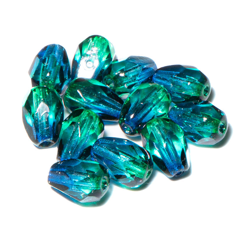 Czech Fire Polish Glass Bead Set in Blue Green Pears