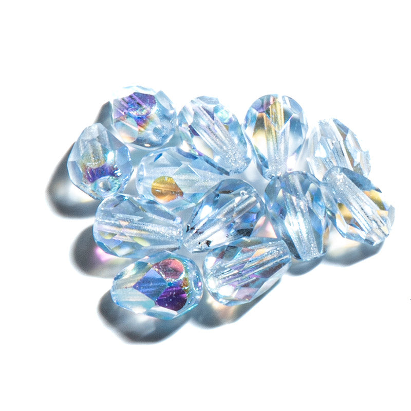 Czech Fire Polish Glass Pear Beads in Light Sapphire AB