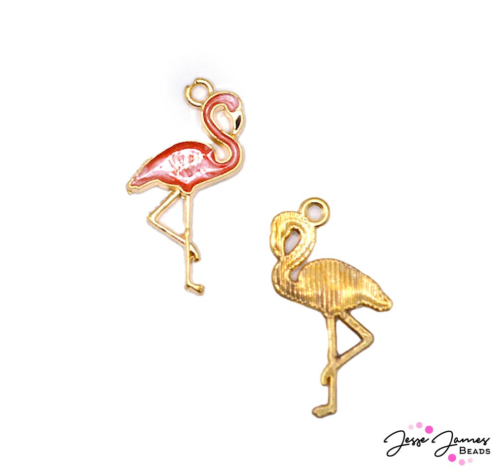 Inspired by the iconic flamingo lawn ornaments that graced many a mid-century backyard, this pendant brings a splash of retro chic and vibrant flair to your jewelry designs. Each pendant measures 27mm x 15mm x 2.2mm. Bail measures 1.8mm.