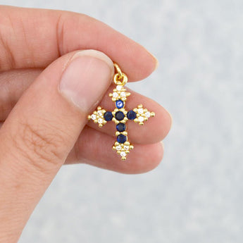Rhinestone Brass Cross Charm in 18K Gold & Ocean Blue