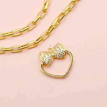 Rhinestone Bow & Heart 18K Gold Charm