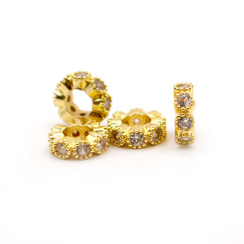 Flat Round Brass Cubic Zirconia Spacer Beads in Gold