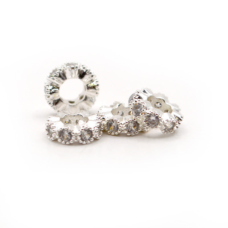 Flat Round Brass Cubic Zirconia Spacer Beads in Silver