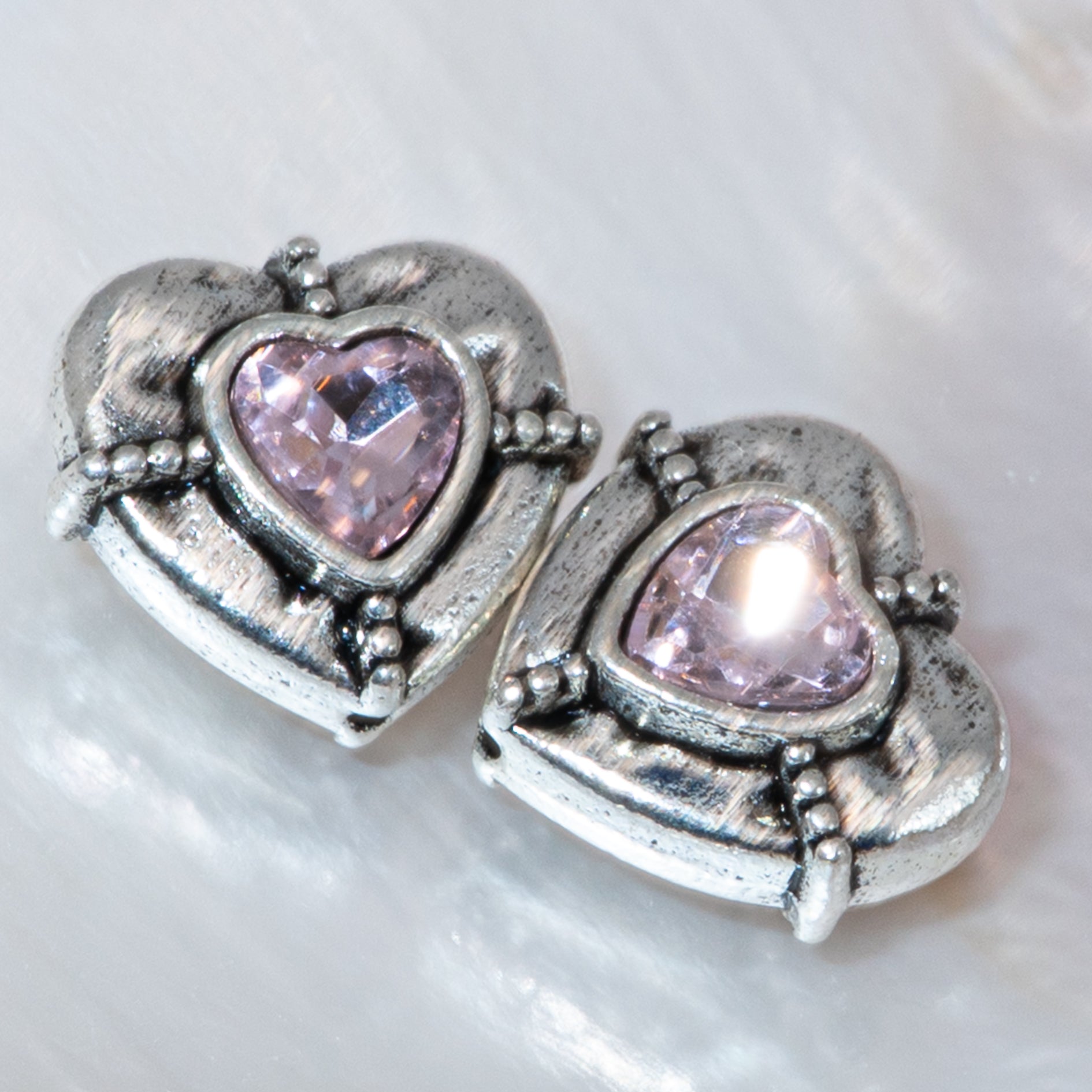 Tibetan Heart Bead Pair in Pink Crystal
