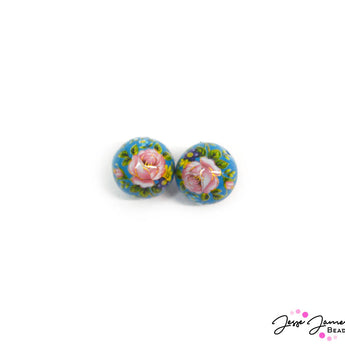 Japanese Tensha Bead Pair in Fairytale Roses 14mm