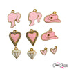 Start your own dreamhouse life with this bold pink and gold charms! This set of charms features hearts, diamonds, cowboy hats, and more all in a bold pink color! Largest piece in mix measures 21mm x 15mm x 2mm. Smallest piece in mix measures 14mm x 11mm x 2mm.