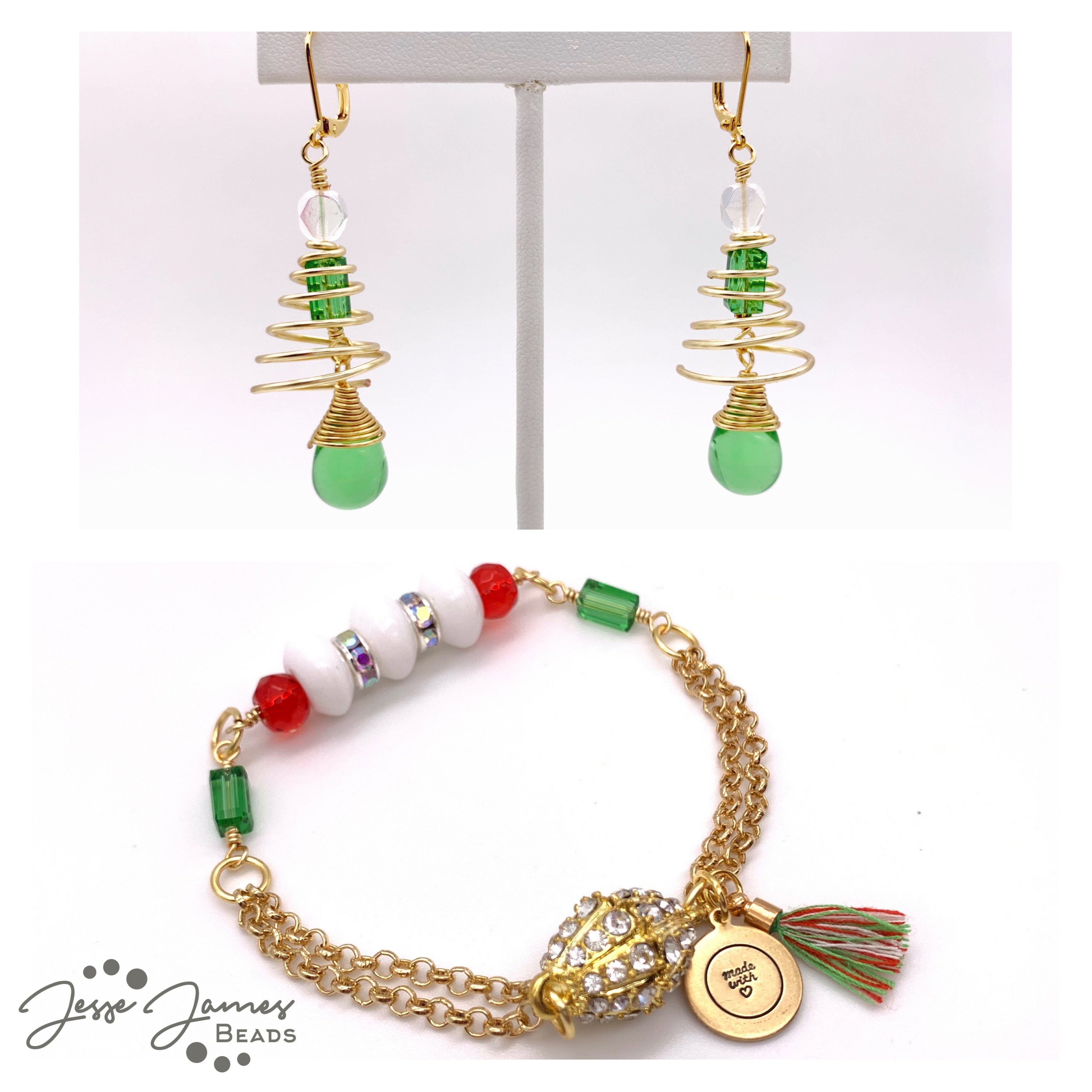 Holly Jolly Christmas Tree Earrings and Bracelet