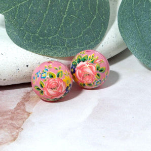 14mm Japanese Tensha Round Bead Pair in First Love Roses