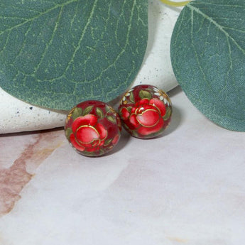 14mm Japanese Tensha Round Bead Pair in Red Roses & Wine