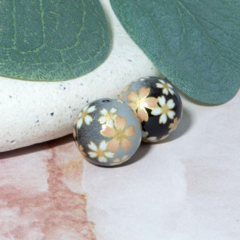 14mm Japanese Tensha Round Bead Pair in Sakura Blossoms