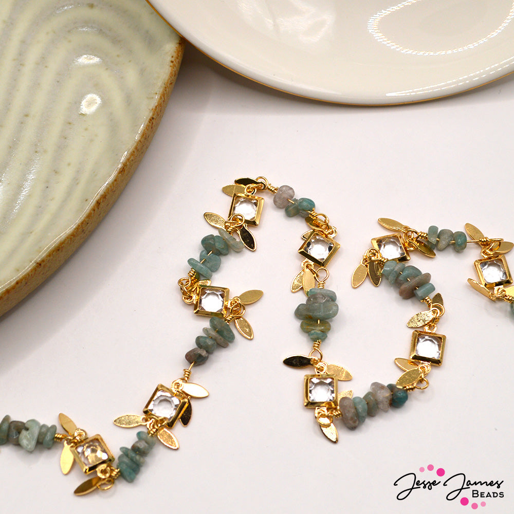 18K Gold Plated Amazonite Chip & Square Link Chain