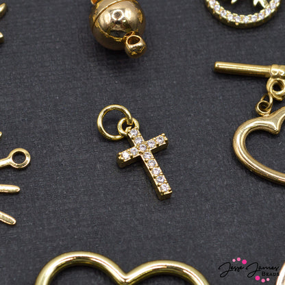 18K Gold Plated Brass & Rhinestone Cross Charm