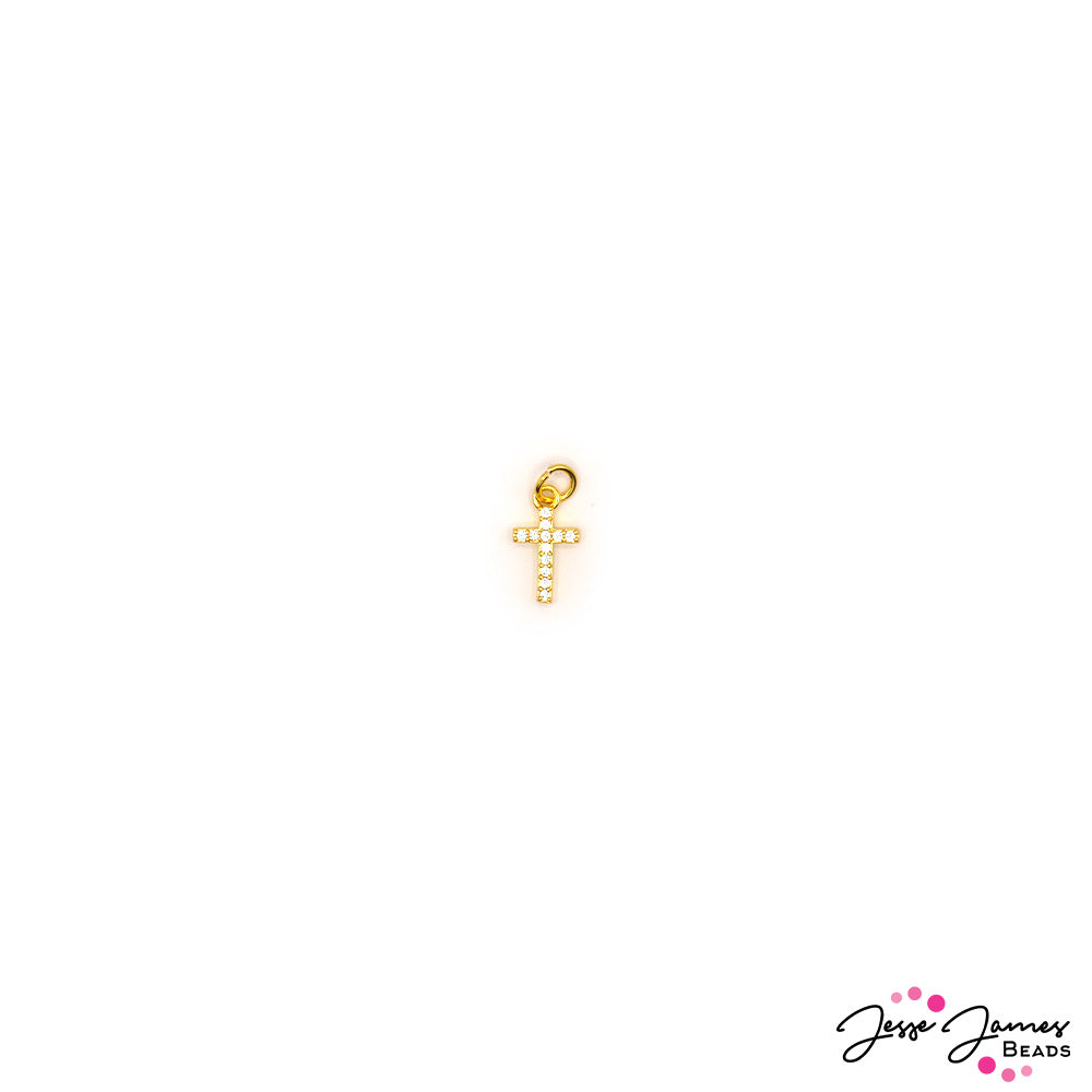 18K Gold Plated Brass & Rhinestone Cross Charm