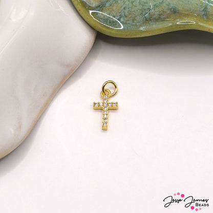 18K Gold Plated Brass & Rhinestone Cross Charm