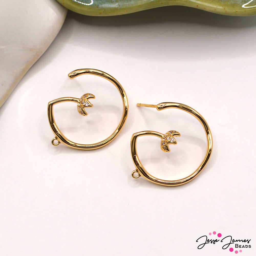 18K Gold Plated Brass Flower Half Hoop Earring Findings