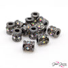 Add elegance to your next jewelry creation with these bold gunmetal rhinestone spacer beads. These beads measures 7mm x 5mm insize and feature AB crystal rhinestone accents. Beads come in a set of 12.
