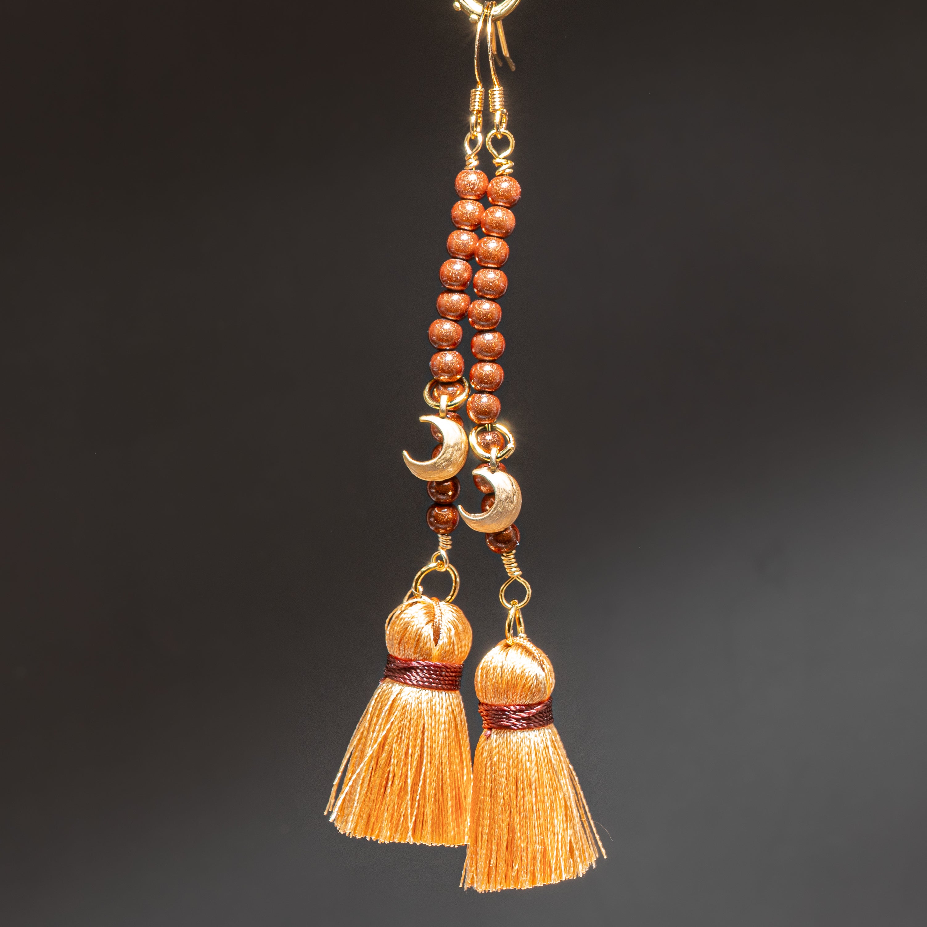 Pair of tassel earrings with beads on a dark background