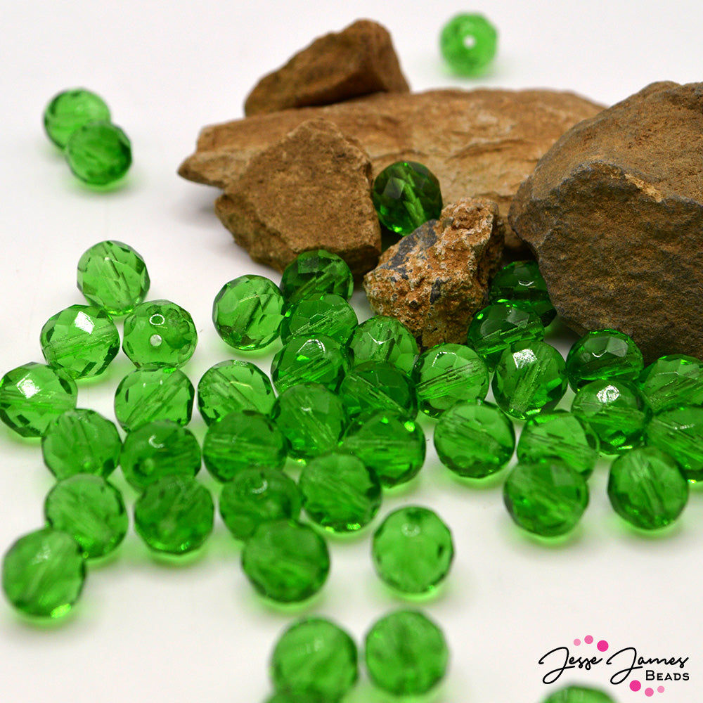 Green Light Emerald Czech Fire Polish Beads 8mm 50 pieces