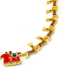 Colorful Rhinestone 14K Gold Reindeer Sleigh Necklace