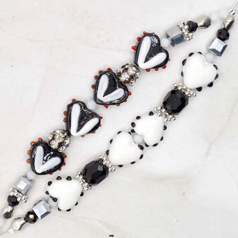 Lampwork Bead Strand Duo in Monochrome Hearts