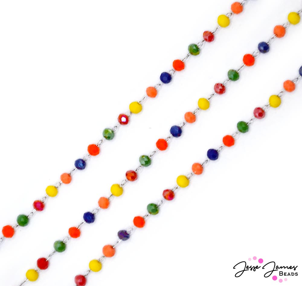 Inspired by the playful colors and juicy flavors of a 1950s beach party, each bead on this chain captures the essence of a sun-soaked paradise where every moment feels like a celebration. Use this chain to create colorful necklaces, earrings, and more. Sold in 24-inch Cuts. Cut per order. Beads on this chain measure approx 4mm in size.