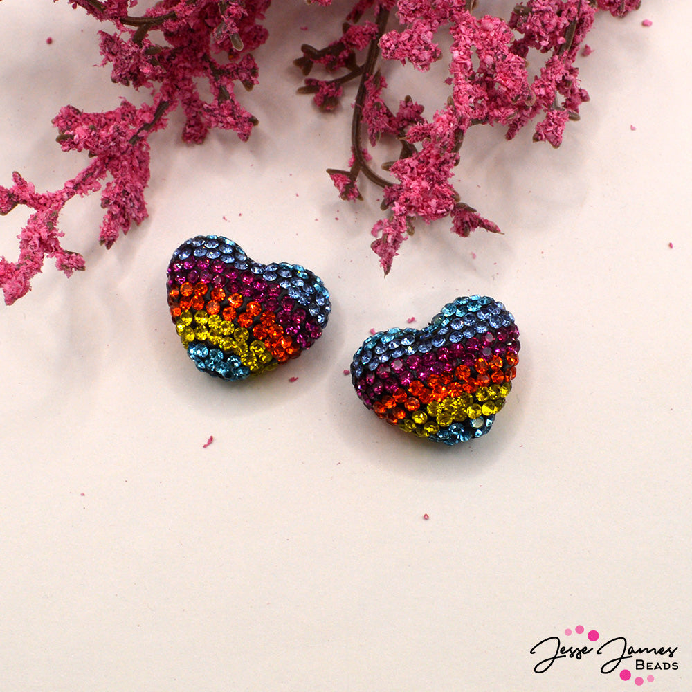 Boho Bead Pair in Rhinestone Rainbow Love