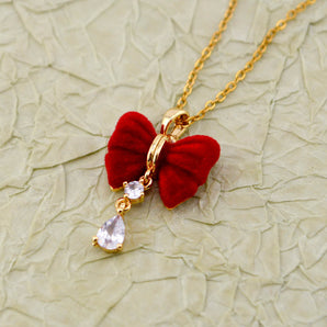 Golden Rhinestone & Fabric Bowknot Necklace