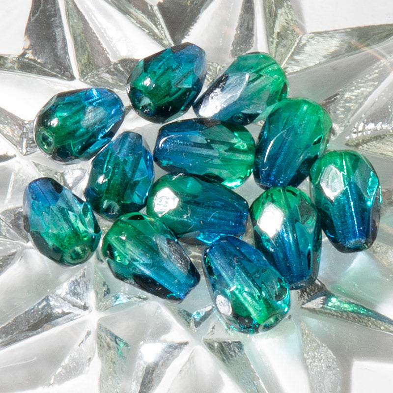 Czech Fire Polish Glass Bead Set in Blue Green Pears