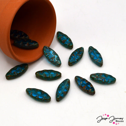 Czech Glass Fire Polish Bead Cut & Engraved Window in Rich Aqua