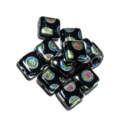 Czech Pressed Glass Jet Peacock Square Beads
