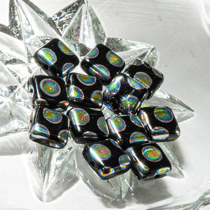 Czech Pressed Glass Jet Peacock Square Beads