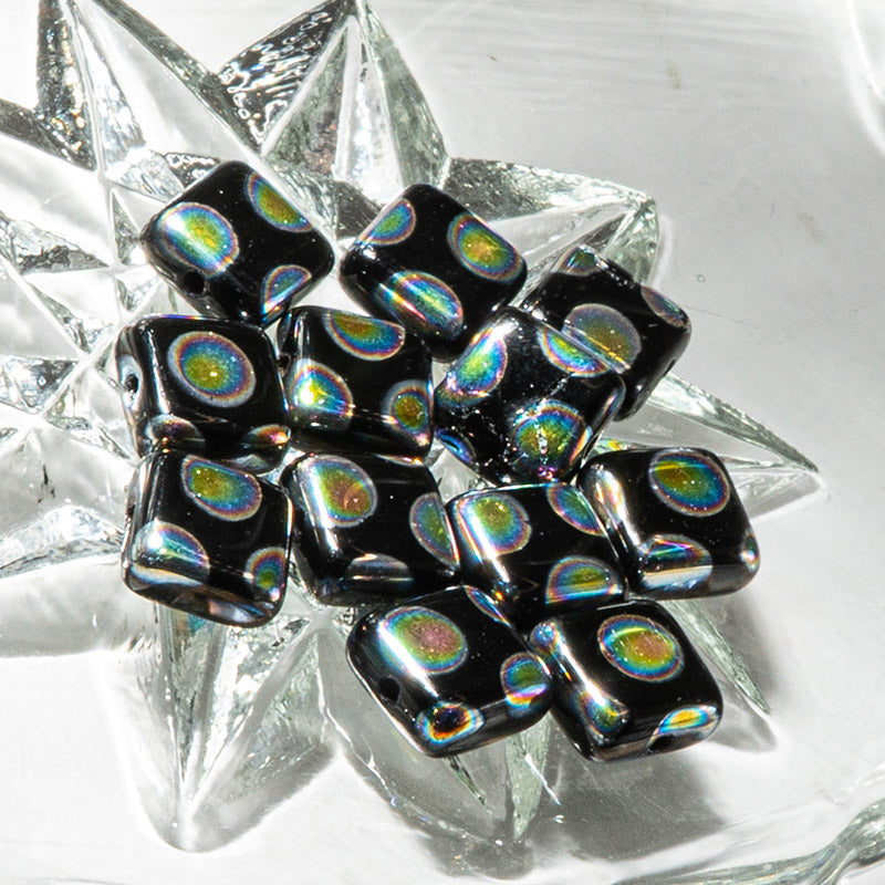 Czech Pressed Glass Jet Peacock Square Beads