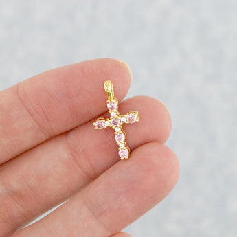 Rhinestone Brass Cross Charm in 16K Gold & Pink