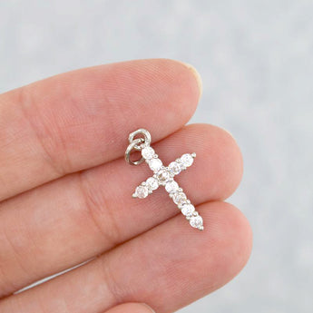 Rhinestone Brass Cross Charm in Silver Sparkle