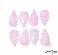Add a touch of pink to your next look with these transluscent pink leaf charms. These charms are sold in a set of 8. Perfect for making earrings, bracelets, and more.