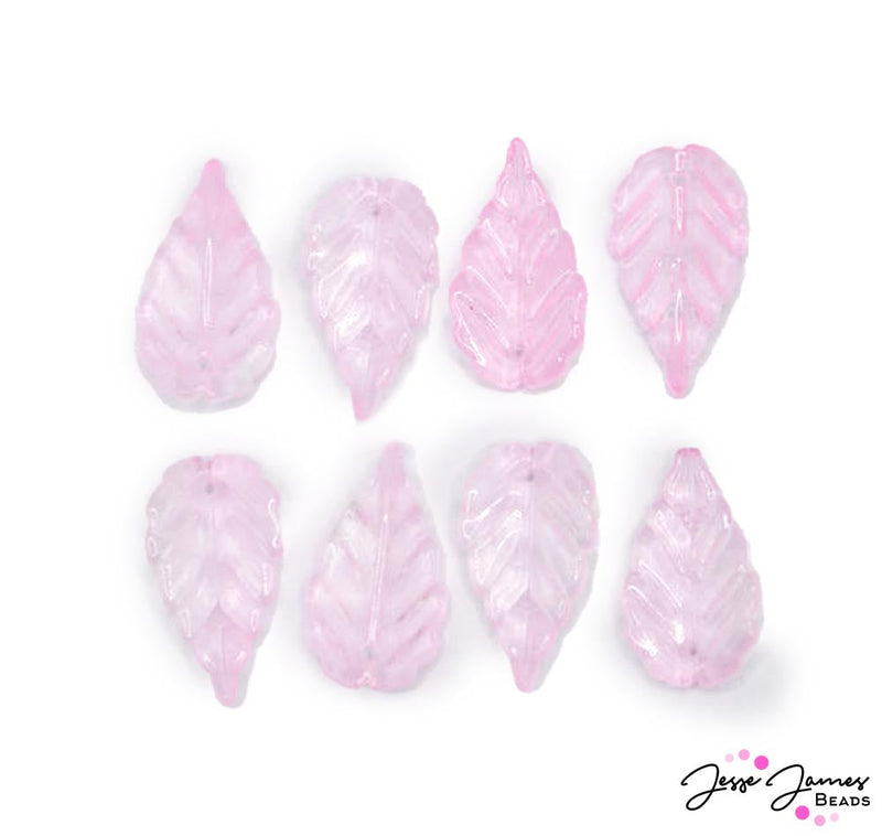 Add a touch of pink to your next look with these transluscent pink leaf charms. These charms are sold in a set of 8. Perfect for making earrings, bracelets, and more.