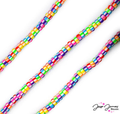 Does your next jewelry creation show off all your colors? Inspired by the carefree days of sock hops and drive-in movies, each heishi bead on this strand captures the playful colors and retro charm of a rainbow in full bloom. 110 beads per strand. Each bead measures 6mm. 