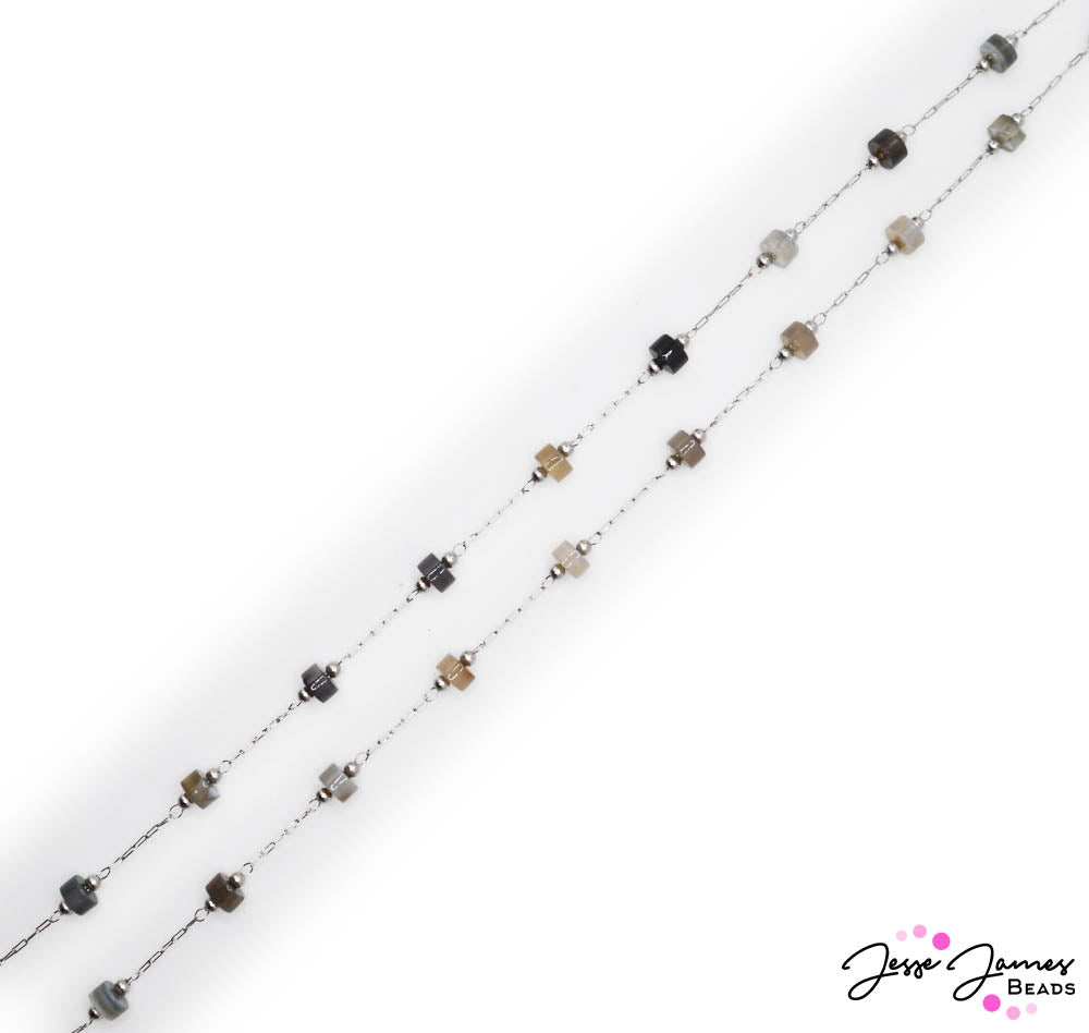 This Jasper infused chain features 4mm round stone beads accenting dainty silver paperclip links. These elegant chain is perfect for creating necklaces and beyond. Sold in 24-inch Lengths. 