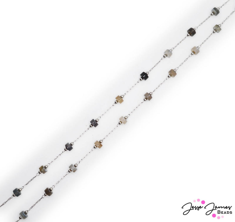 This Jasper infused chain features 4mm round stone beads accenting dainty silver paperclip links. These elegant chain is perfect for creating necklaces and beyond. Sold in 24-inch Lengths. 