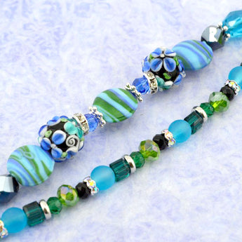 Blue and green lampwork glass and faceted glass beads for jewelry making