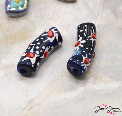 Midnight Blooms Resin Bead Pair