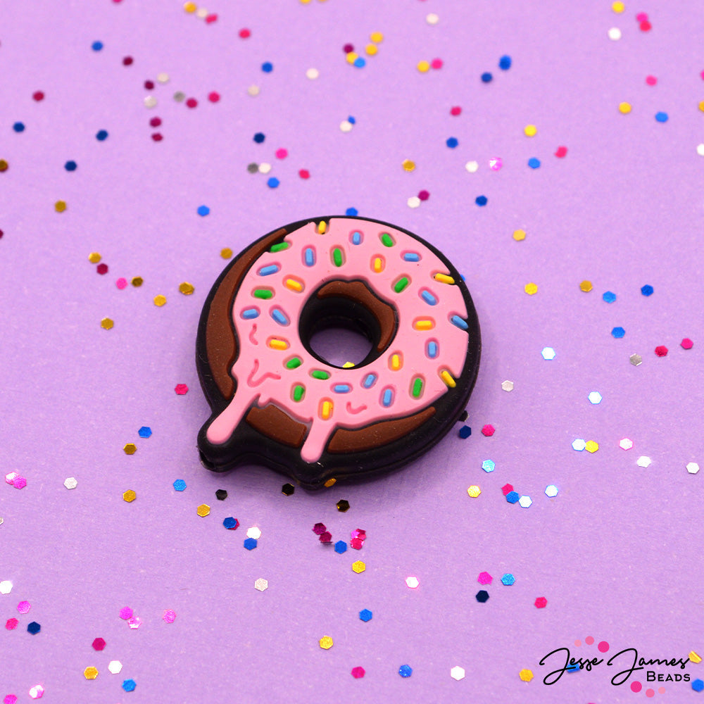 Pink Donut with Rainbow Sprinkles Silicone Focal Bead