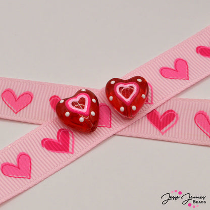 Lampwork Bead Pair in Classic Red Hearts