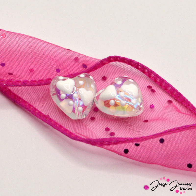 Lampwork Bead Pair in Classic White Hearts