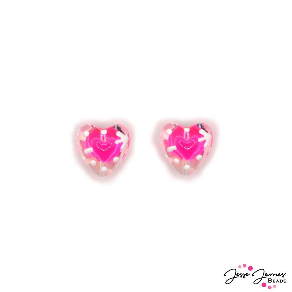 Lampwork Bead Pair in Playful Pink Hearts