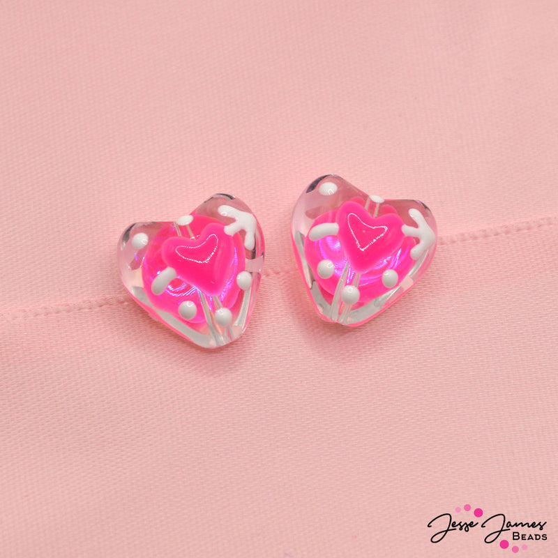 Lampwork Bead Pair in Playful Pink Hearts