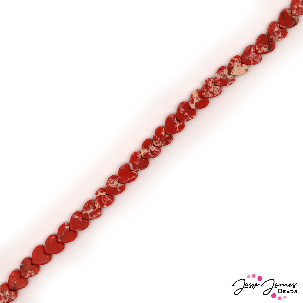 Single-Style Stone Bead Strand in 6mm Red Imperial Jasper Hearts