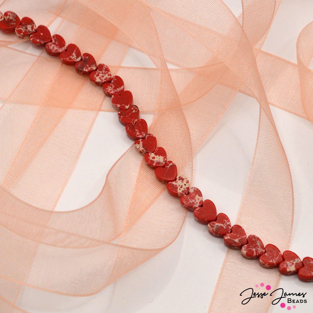 Single-Style Stone Bead Strand in 6mm Red Imperial Jasper Hearts