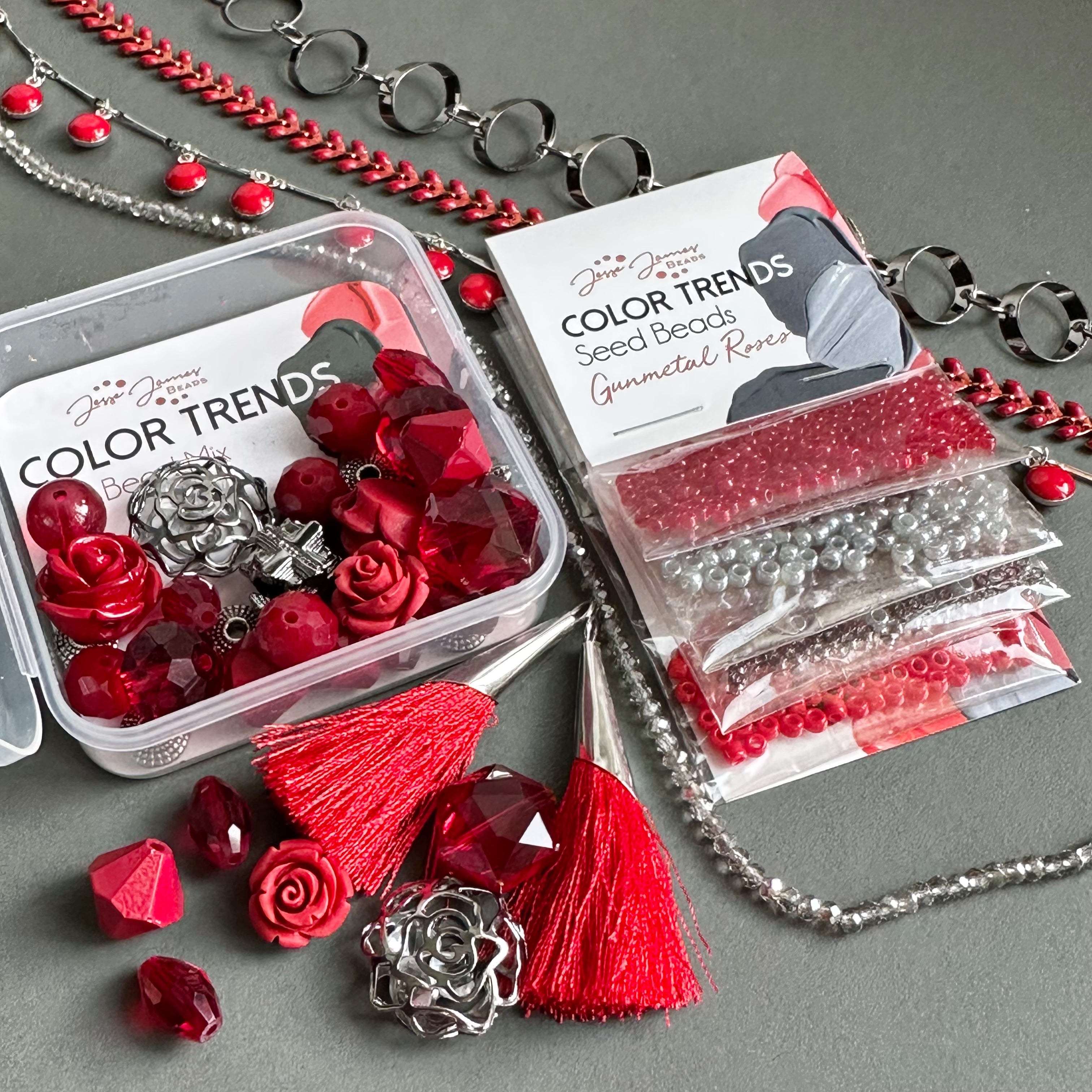 Color Trends Bead mix in Gunmetal Roses pairs beautifully with Custom Dyed Enamel Chain and Seed Beads.